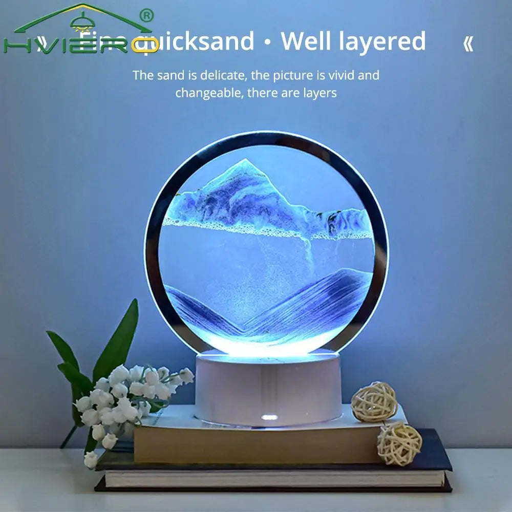 LED Quicksand Painting Table Lamp 3D Moving Art Picture Round Glass Hourglass Night Light Bedside Home Decoration Accessories