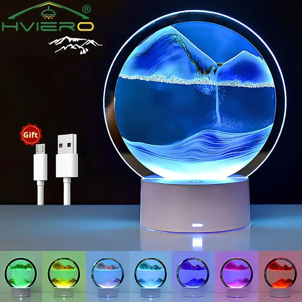 LED Quicksand Painting Table Lamp 3D Moving Art Picture Round Glass Hourglass Night Light Bedside Home Decoration Accessories