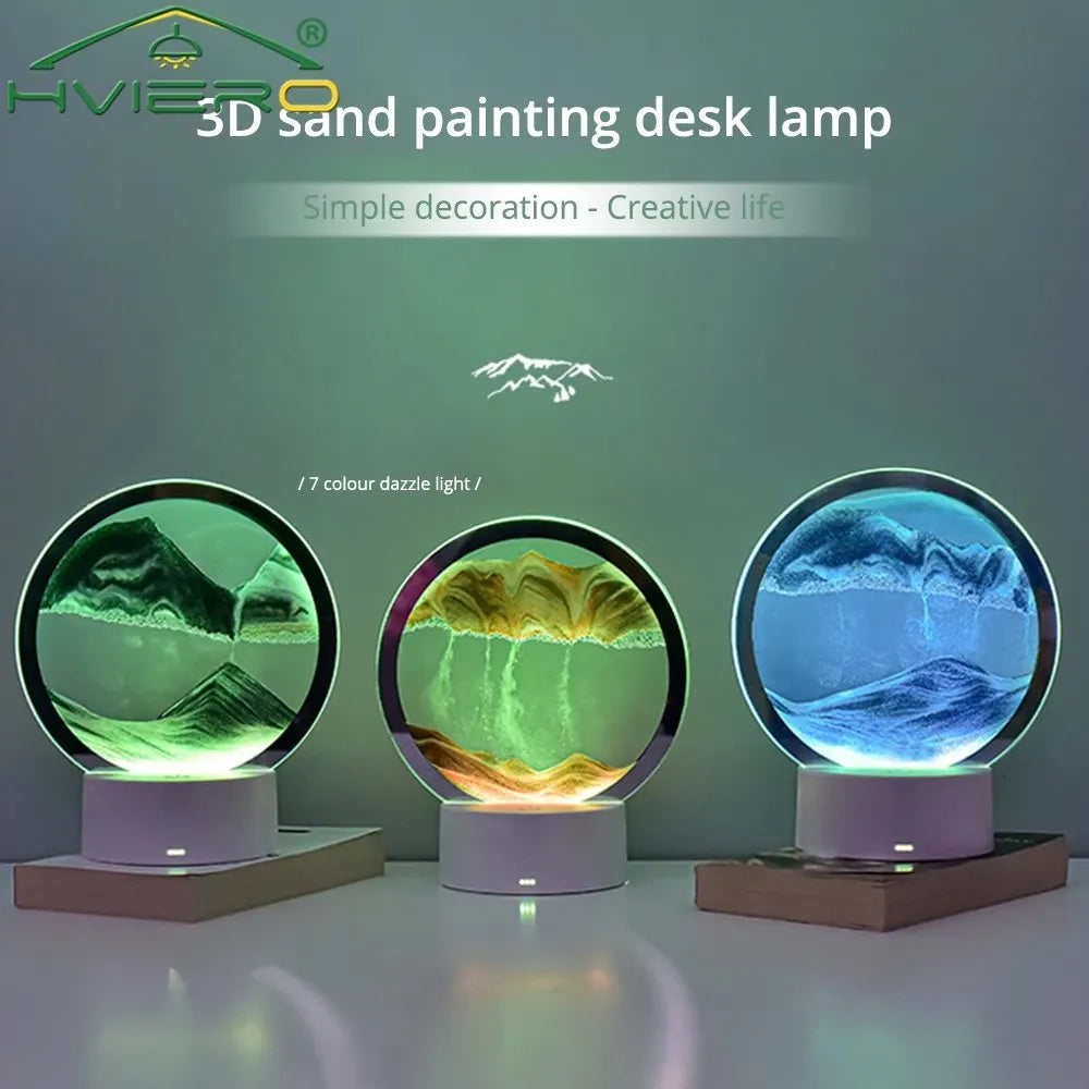 LED Quicksand Painting Table Lamp 3D Moving Art Picture Round Glass Hourglass Night Light Bedside Home Decoration Accessories