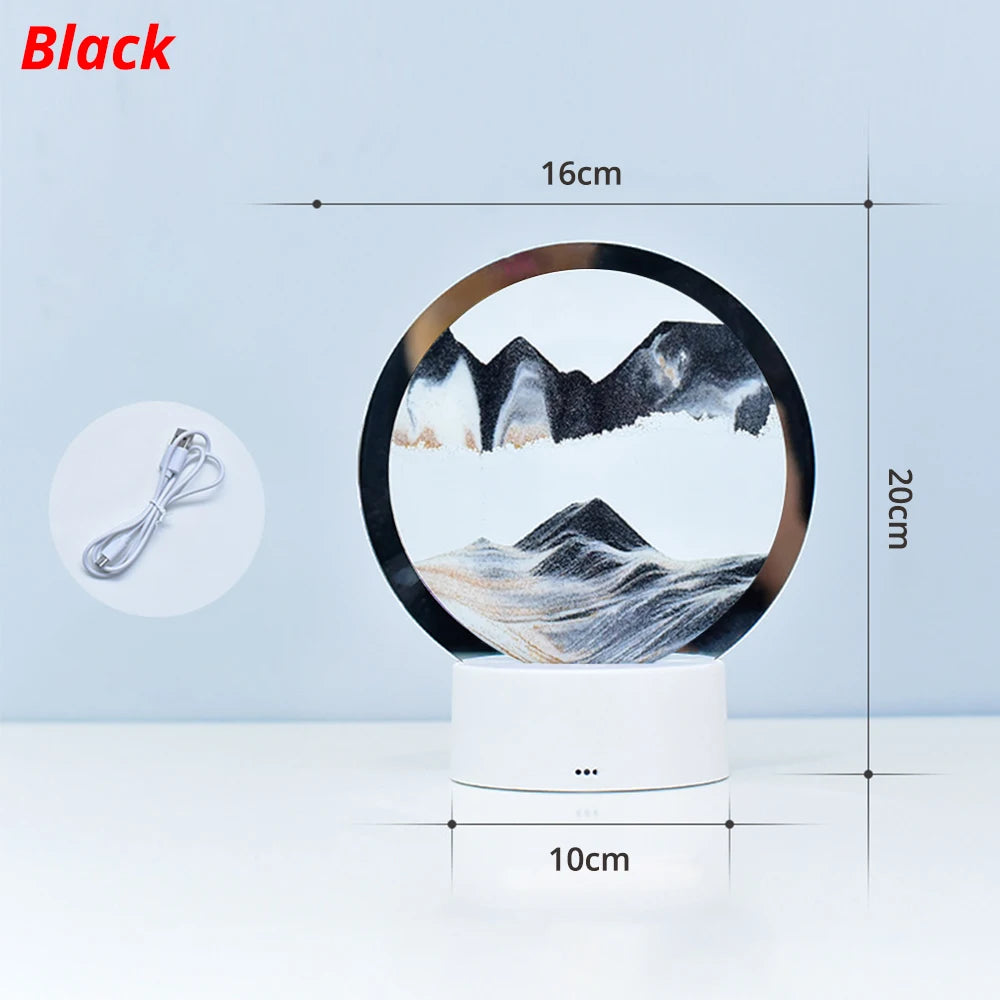 LED Quicksand Painting Table Lamp 3D Moving Art Picture Round Glass Hourglass Night Light Bedside Home Decoration Accessories