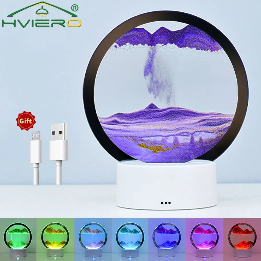 LED Quicksand Painting Table Lamp 3D Moving Art Picture Round Glass Hourglass Night Light Bedside Home Decoration Accessories