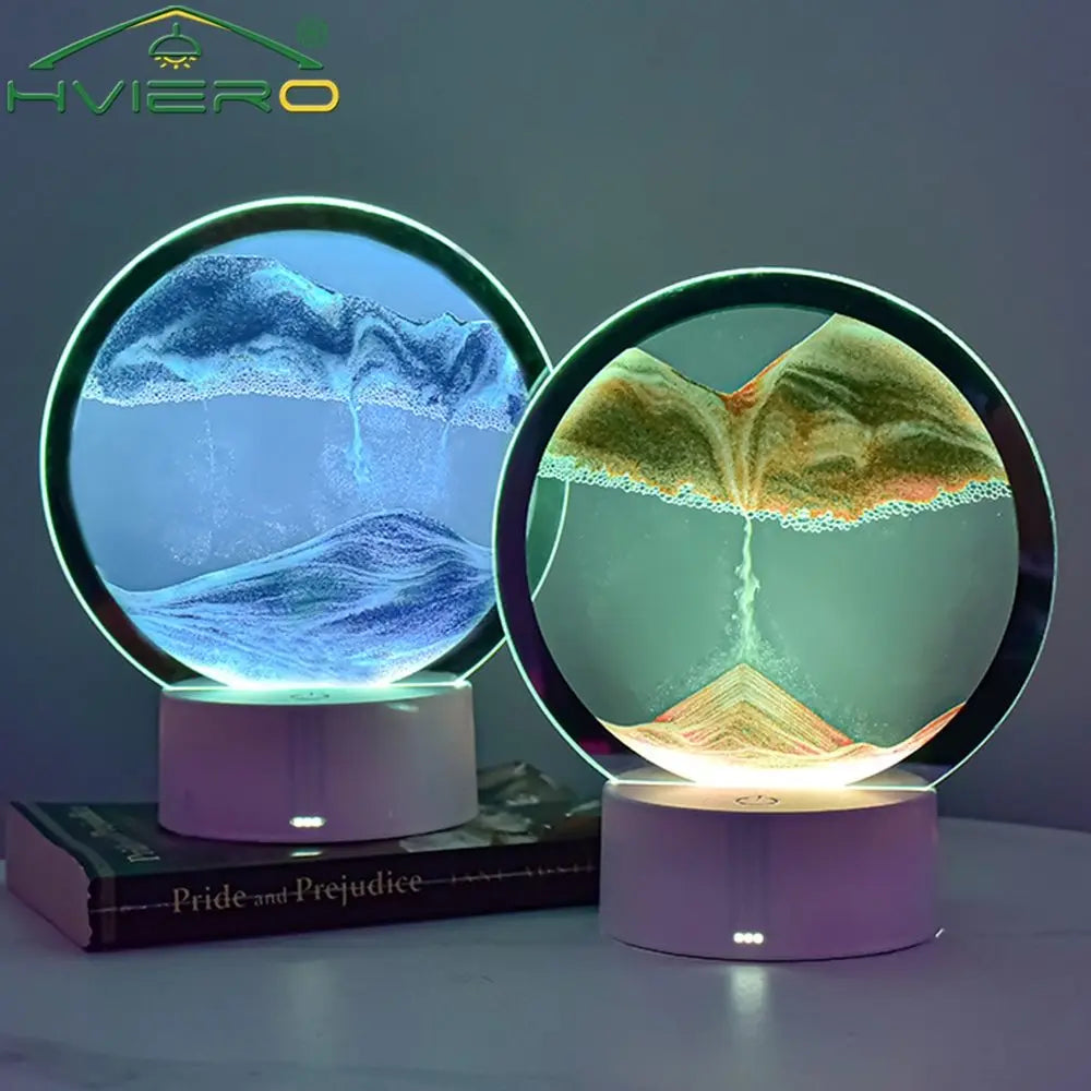 LED Quicksand Painting Table Lamp 3D Moving Art Picture Round Glass Hourglass Night Light Bedside Home Decoration Accessories